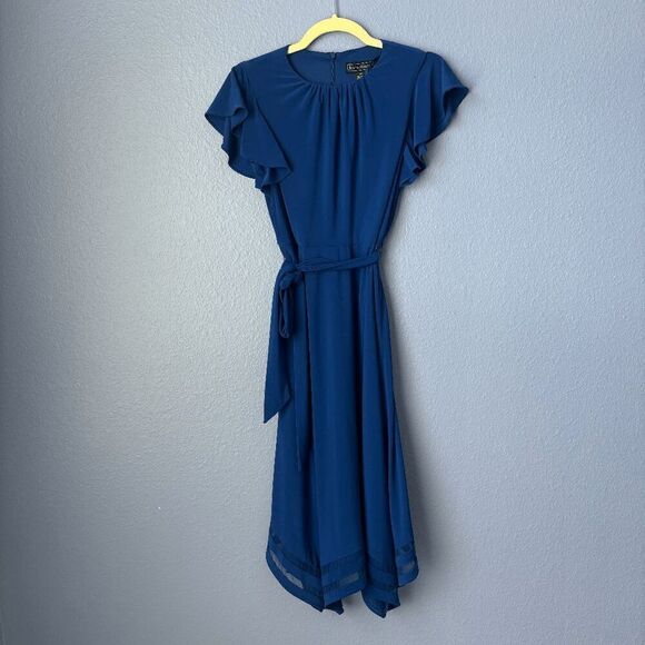 Women's Jessica Howard Dress Midi Tie Around Waist High Neck Short Sleeve Blue - Picture 1 of 9